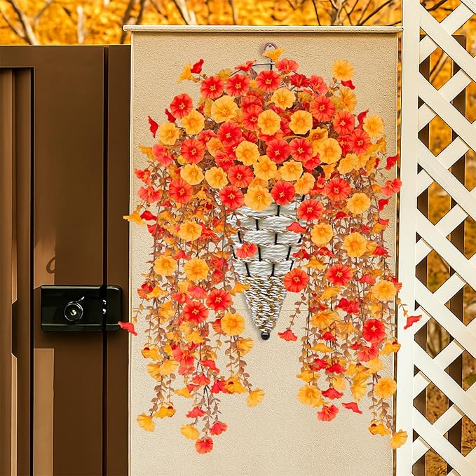 2 Pcs Artificial Hanging Flowers for Outdoor Fall Decoration, 2 Pcs UV Resistant Fake Fall Morning Glory Flowers Faux Petunias for Home Front Door Patio Decor (Orange Yellow)