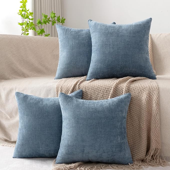 Set of 4 Soft Textured Decorative Throw Pillow Covers 18x18 Inch Cozy Farmhouse Cushion Cover Square Accent Pillow Cases for Bed Couch Sofa Living Room, Smoke Blue