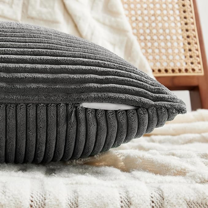 Fancy Homi 4 Packs Dark Gray Decorative Throw Pillow Covers 18x18 Inch for Living Room Couch Sofa, Rustic Farmhouse Boho Home Decor, Soft Cross Corduroy Patchwork Textured Square Cushion Case 45x45 cm