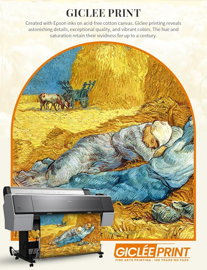 DECORARTS - Noon: Rest from Work by Vincent Van Gogh. Giclee Print on Acid-Free Canvas in Gold Solid Wood Frame. Picture Size: 20x16, Total Size: 24.75x20.75, Made in USA