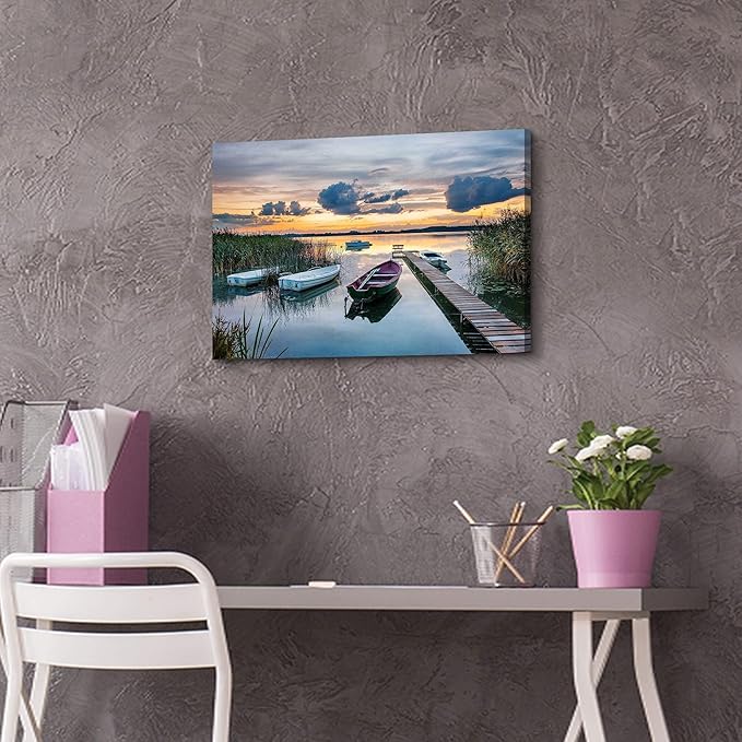 Lake Pier Canvas Wall Art: Modern Rustic Sunset Scenery Picture Nature Reed Landscape Painting Wilderness Boat Shore Gallery Artwork Colorful Skyline Sunrise Scene Prints for Bedroom Bathroom