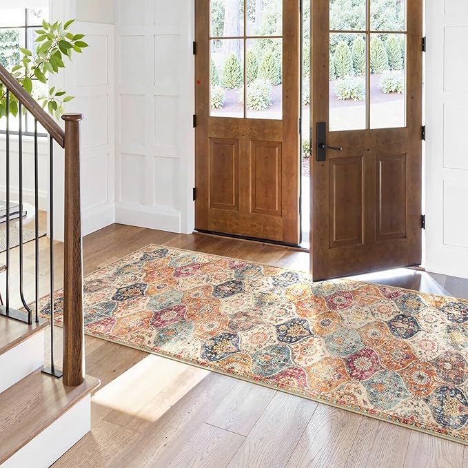 Lahome Moroccan Hallway Runner Rug, 2'5''x8' Ultra-Thin Washable Runners for Hallways Kitchen, Oriental Laundry Room Rug Non-Slip Vintage Long Carpet for Entryway Bedroom Bathroom, Cream/Multi