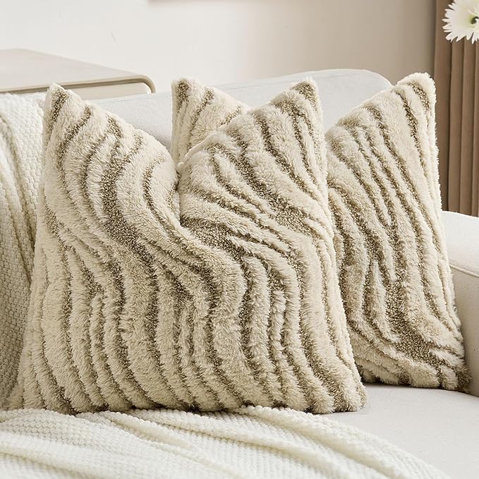 FUTEI Beige Decorative Throw Pillow Covers 24x24 Inch Set of 2,Soft Faux Fur Geometric Shapes Texture European Cushion Case,Boho Home Decor for Couch Bed Living Room