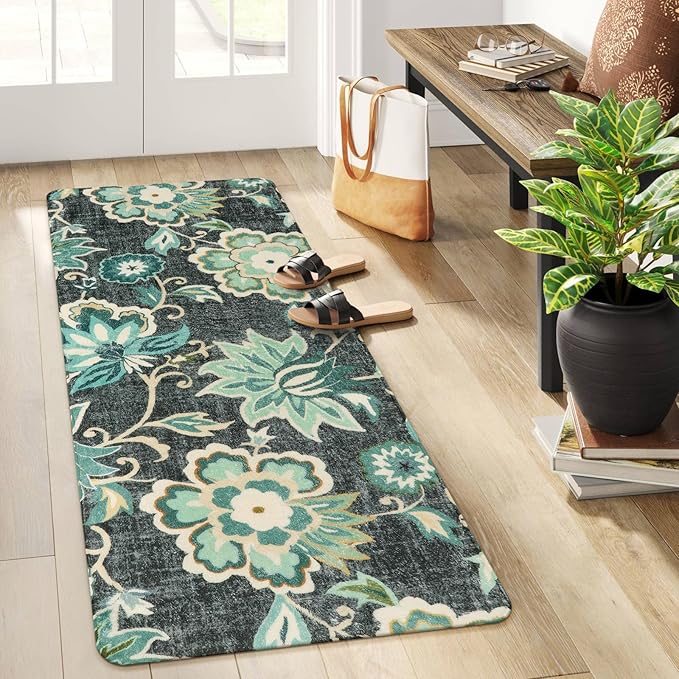 Lahome Floral Small Runner Rug - 2x5 Laundry Rug Runner Non-Slip Washable Soft RoomThrow Lightweight Hallway RCarpet ugs Indoor, Boho Blue Paisley Carpet for Bathroom Kitchen Entryway