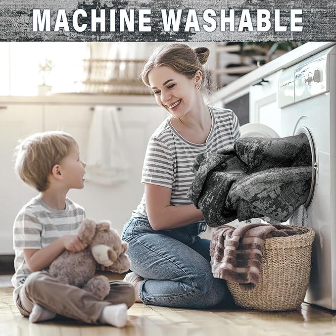 Area Rugs 9x12 Living Room: Large Machine Washable Area Rug with Non Slip Backing Non Shedding Abstract Stain Resistant Carpet for Bedroom Dining Room Nursery Home Office - Black