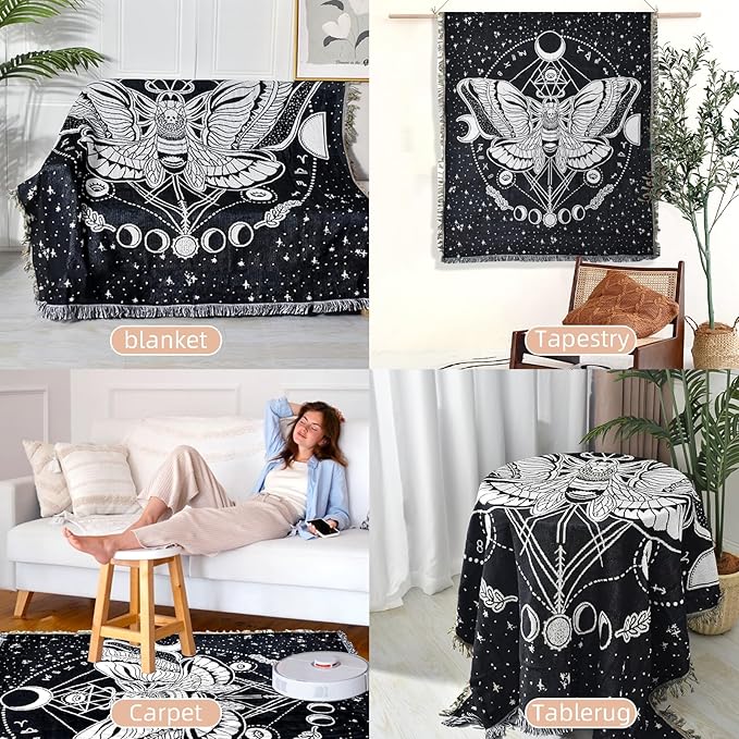 Boho Throw Blanket Reversible Cotton Bohemian Tapestry Hippie Room Decor Double Sided (Month Moth Black 50"x60")