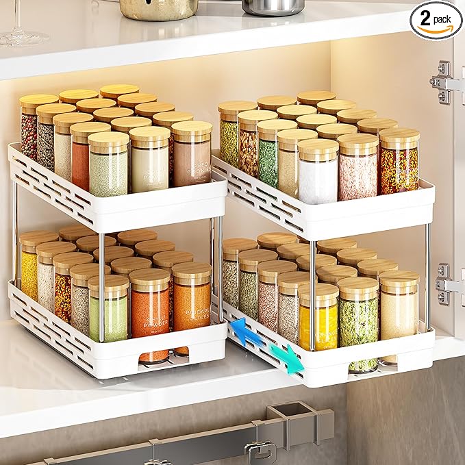 Pull Out Spice Rack Organizer for Cabinet, 2 Pack Widen Slide Out Spice Racks Organizer, Spice Cabinet Organizers, Cabinet Size Need:12'' Highx11'' Deepx6.75'' Wide,Hold 15 Spice Jar Each Tier-2Tier