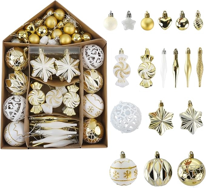 73 Pcs Christmas Ball Ornaments, Gold White Plastic Hanging Ornaments for Christmas Tree, Wreaths & Outdoor Displays