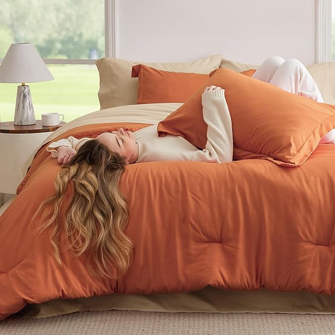 Bedsure King Size Comforter Set - 7 Pieces Burnt Orange King Bedding Set for All Seasons, Boho Contrasting Design Bed in a Bag with Comforter, Sheets, Pillowcases & Shams
