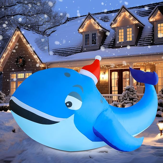 DR.DUDU 10 FT Christmas Inflatable Outdoor Decorations, Blow Up Whale Inflatables with Santa Hat LED Lights for Yard Lawn Garden Outside Large Xmas Holiday Decoration
