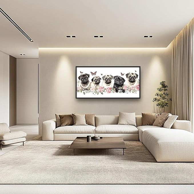 Flintis Large Pug Wall Art Dog Butterfly Pictures Wall Decor Abstract Animal Canvas Painting Print Artwork Decoration Framed for Living Room Bathroom Master Bedroom Office Dining Room 60L x 30W