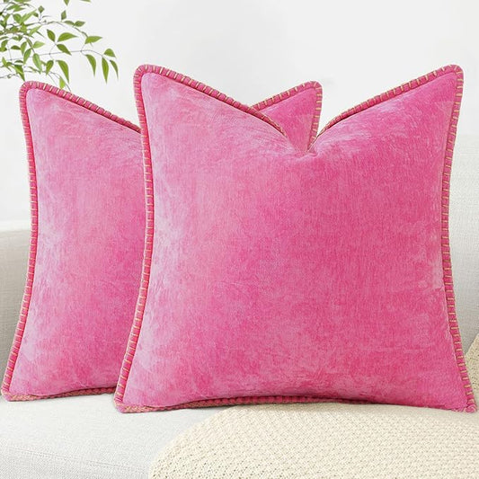 decorUhome Chenille Soft Throw Pillow Covers 16x16 Set of 2, Farmhouse Velvet Neutral Decorative Euro Pillow Covers with Stitched Edge for Couch Sofa Bed Home Decor, Hot Pink
