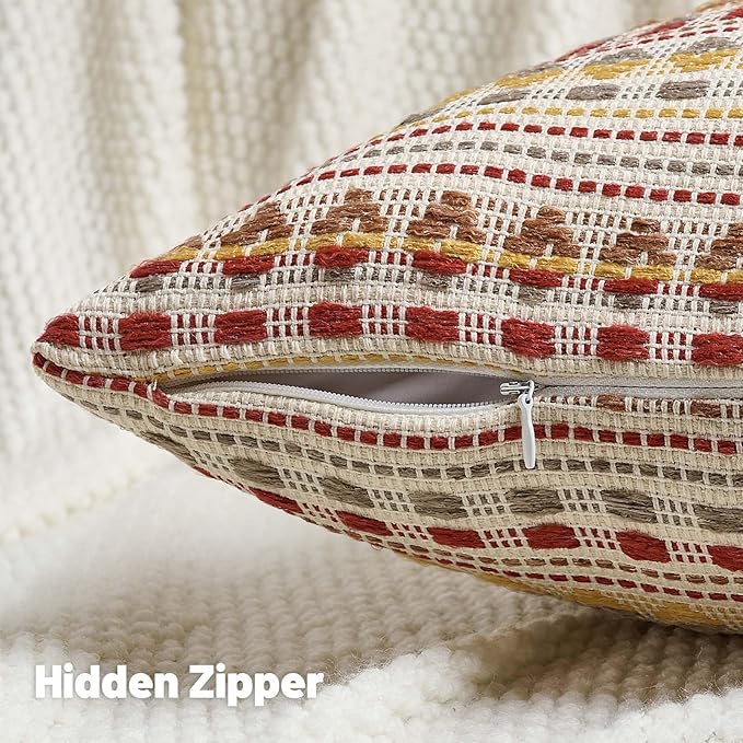 FUTEI Brown Red Decorative Throw Pillow Covers 18x18 Inch Set of 2,Soft Cozy Chenille Jacquard Textured Cushion Case,Boho Home Decor for Couch Bed Living Room