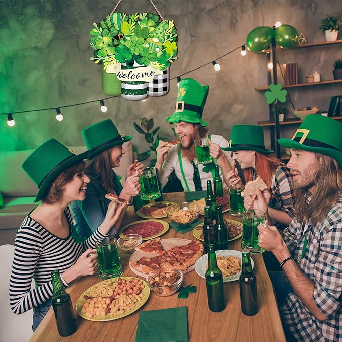 Spiareal Saint Patrick's Day Welcome Door Sign Shamrock Clover Lucky Hanging Decor St. Patrick's Day Wood Wreaths Front Door Decorations for Paddy's Irish Outdoor Farmhouse Porch