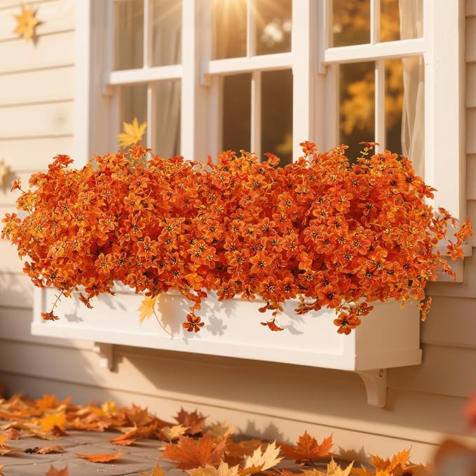 SHareconn 40 Bundles Artificial Fall Flowers for Outdoors Decoration, Fake Silk Daisy Realistic Faux Plants UV Resistant for Planter Home Porch Patio Autumn Indoor Outside Decor, Sunset Red Orange