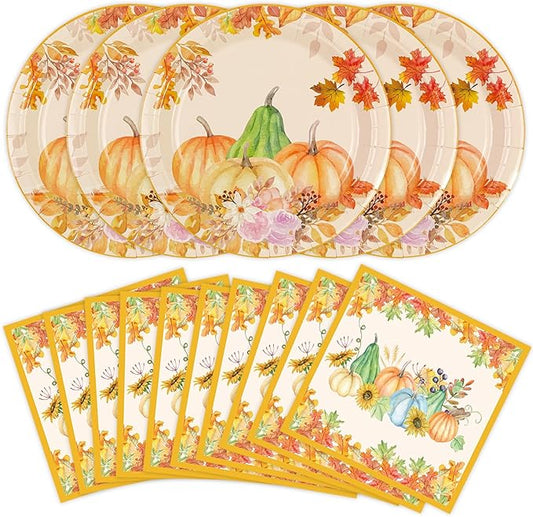 40pcs Fall Pumpkin Paper Plates and Napkins Sets, 9inch Thanksgiving Dinner Plates Party Supplies Disposable Autumn Theme Maple Leaf Sunflower Tableware Fall Thanksgiving Harvest Birthday Decorations