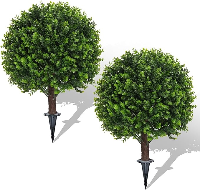 Set of 2 Artificial Boxwood Topiary Ball Bush for Outdoor with Ground Spike 22", UV Resistant Faux Greenery Shrubs, Fake Green Boxwood Plants for Indoor, Garden, Yard, Porch, Patio Decor