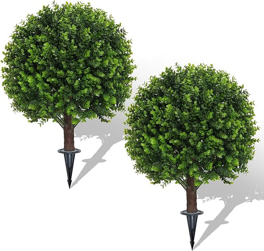 Set of 2 Artificial Boxwood Topiary Ball Bush for Outdoor with Ground Spike 22", UV Resistant Faux Greenery Shrubs, Fake Green Boxwood Plants for Indoor, Garden, Yard, Porch, Patio Decor
