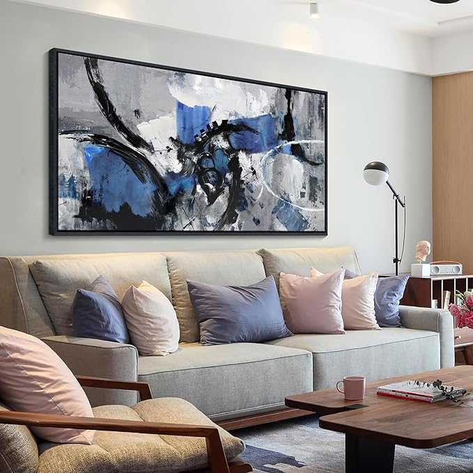 Blue Abstract Wall Art - Large Canvas Wall Art in Navy Blue and Black, Framed Gray Artwork for Living Room, Bedroom, and Office Decorations for Work - Modern Wall Decor and Pictures 30×60IN
