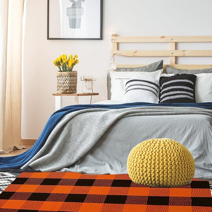 SEEKSEE Cotton Buffalo Plaid Rug 3'x5' Orange and Black Checked Rug Washable Doormats Indoor Outdoor Rugs for Layered Front Door Mats, Porch, Kitchen, Farmhouse, Entryway