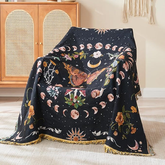 Boho Throw Blanket Reversible Cotton Bohemian Tapestry Hippie Room Decor Outdoor Blanket Double Sided (Black Butterfly 50"x60")