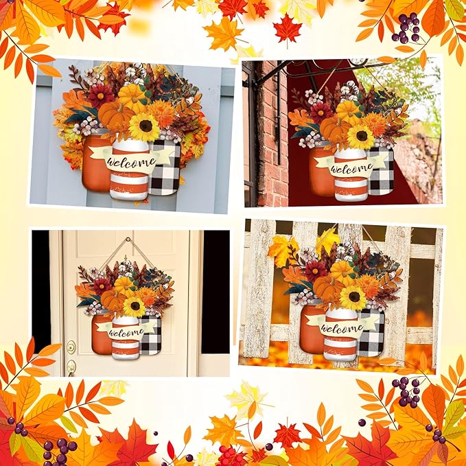 Spiareal Fall Decor Wood Fall Door Sign Pumpkin Thanksgiving Welcome Sign for Front Door Autumn Wooden Wreath Sunflower Porch Wall Art Farmhouse Rustic Outdoor Decorations