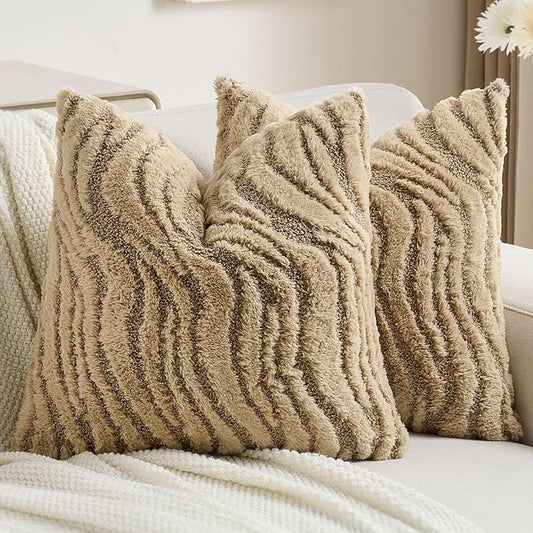 FUTEI Khaki Decorative Throw Pillow Covers 22x22 Inch Set of 2,Soft Faux Fur Geometric Shapes Texture Cushion Case,Boho Home Decor for Couch Bed Living Room