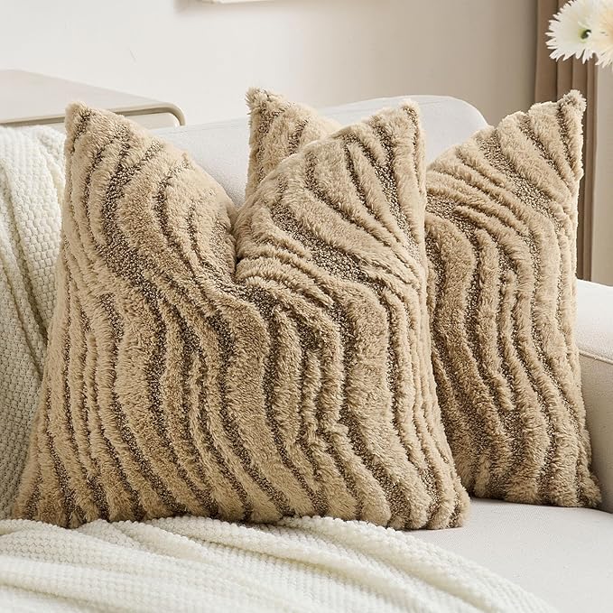FUTEI Khaki Decorative Throw Pillow Covers 24x24 Inch Set of 2,Soft Faux Fur Geometric Shapes Texture European Cushion Case,Boho Home Decor for Couch Bed Living Room