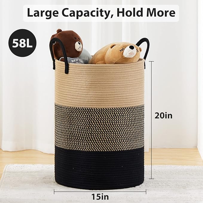 Fiona's magic 58L Large Woven Laundry Hamper, Tall Cotton Rope Laundry Basket, Boho Storage Basket for Blankets, Toys and Clothes Hamper for Bedroom and Living Room Organizing, Brown & Black