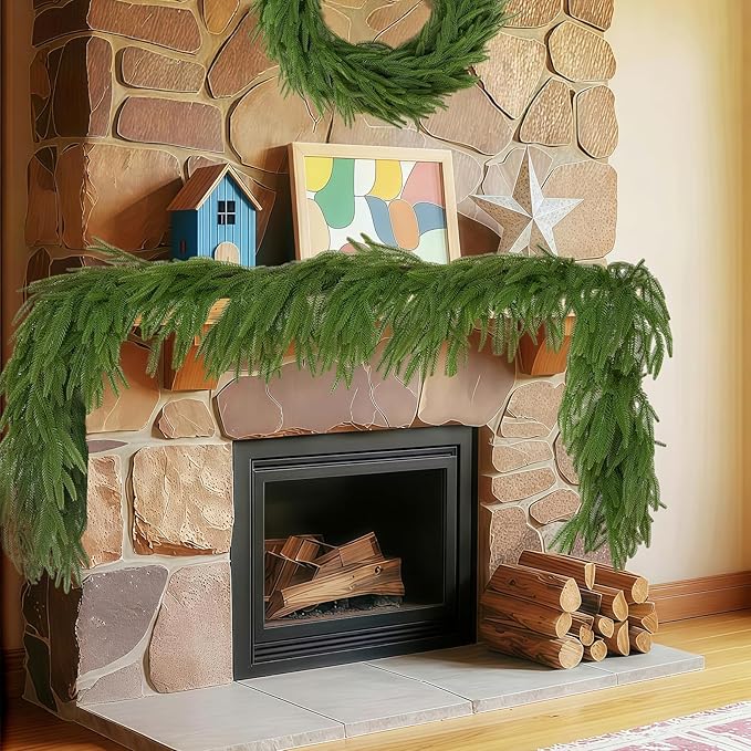 LVZHIYUAN 2 Pcs 6FT Christmas Garland,Christmas Decorations,Real Touch Norfolk Pine Garland,Green Faux Greenery Garland for Mantle Fireplace Door Table Wall Upstairs Indoor Outdoor Holiday Xmas Decor