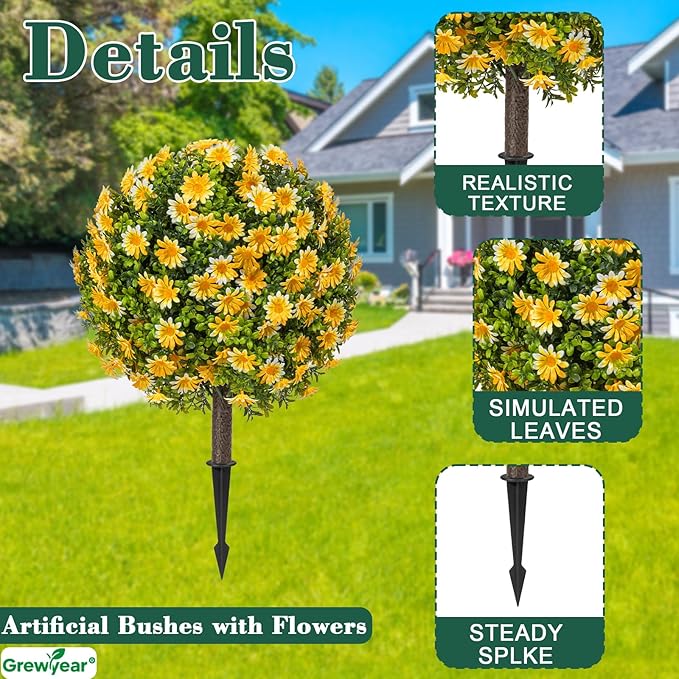 Fall Artificial Mum Topiary Ball with Spike Set of 2, Faux Boxwoods for Outdoor Planters, UV Resistant Artificial Outdoor Plants for Porch, Fake Bushes Round Shrub with Orange Yellow Mum