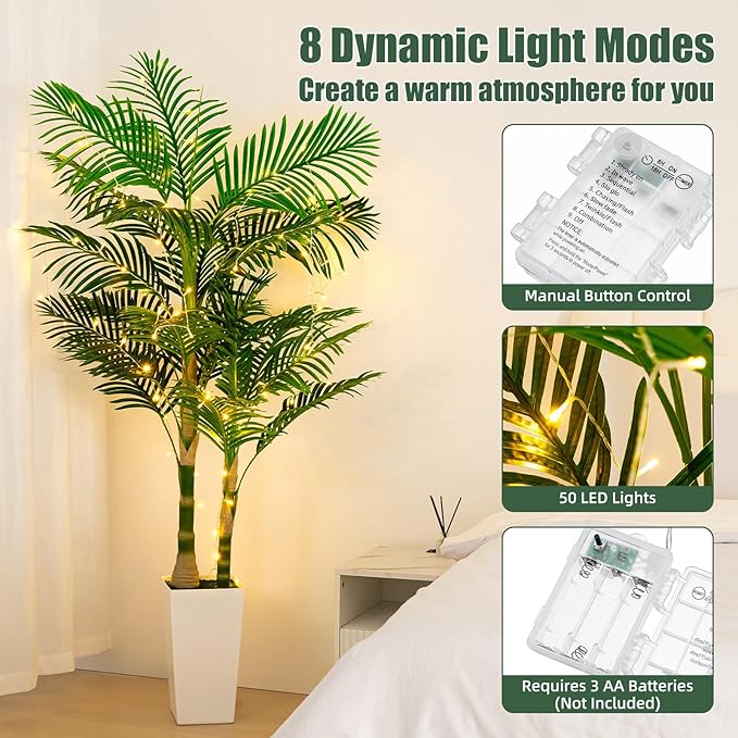 6ft Artificial Golden Cane Palm Tree with LED Fairy Lights & White Tall Planter - Lifelike Faux Tropical Palm Plant with Realistic Trunk and Palm Leaves for Home Office Living Room Corner Decor