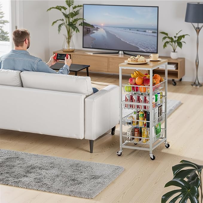 Snack Cart, 5-Tier Kitchen Carts on Wheels with Storage,Fruit Basket Stand with Pull-Out Baskets and Wood Top,Kitchen Organizer for Fruit Vegetable Snack (Oak Beige)