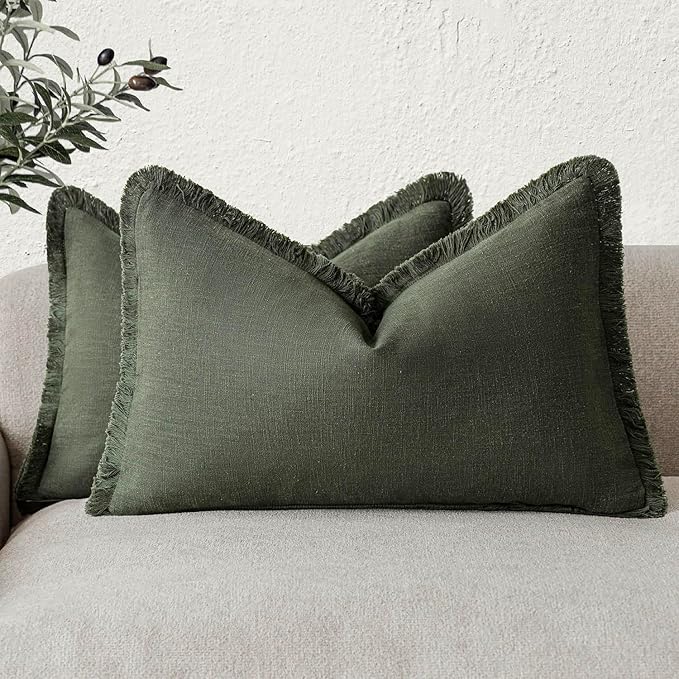 Foindtower Set of 2 Decorative Linen Fringe Throw Pillow Covers Farmhouse Cushion Cover with Tassels Accent Pillowcase for Couch Bed Sofa Living Room Home Bedroom Decor,12×24 Inch,Dark Olive Green