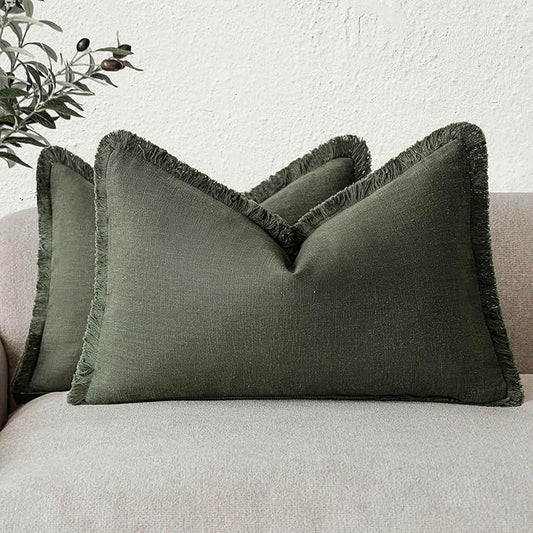 Foindtower Set of 2 Decorative Linen Fringe Throw Pillow Covers Farmhouse Cushion Cover with Tassels Accent Pillowcase for Couch Bed Sofa Living Room Home Bedroom Decor,12×24 Inch,Dark Olive Green