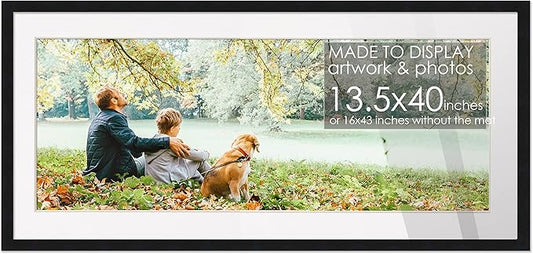 13.5x40 Frame Black Wood with White Mat | 16x43 Frame Matted to 13.5x40 | Display Your Artwork Under UV Acrylic Shatter Guard Front, with Foam Board Backing and Wall Hanging Hardware - Gallery Frame
