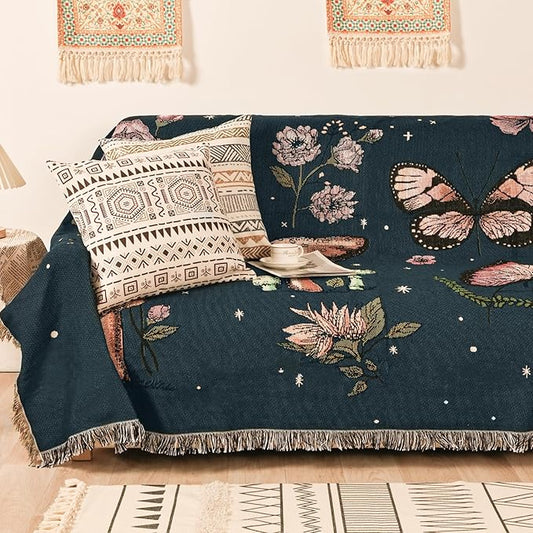 Boho Throw Blanket for Bed Couch Sofa Reversible Cotton Bohemian Travel Boho Quilt Mexican Muslin Blanket Tapestry Hippie Room Decor Outdoor Blanket Double Sided (Mushroom 60"x80")