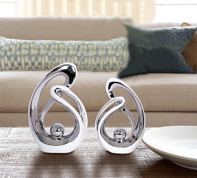 2 Pcs White and Silver Living Room Decor Table Sculpture Decorations Ceramic Statue Decor Mid Century Modern Decor Centerpieces for Dining Room Kitchen Fireplace Shelf Office Coffee Table Decor