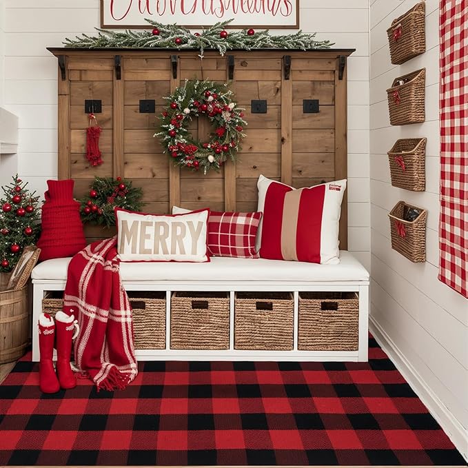 SEEKSEE Cotton Buffalo Plaid Rug 4'x6' Black and Red Checked Rug Washable Doormats Indoor Outdoor Rugs for Layered Front Door Mats, Porch, Kitchen, Farmhouse, Entryway