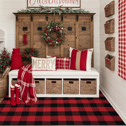 SEEKSEE Cotton Buffalo Plaid Rug 4'x6' Black and Red Checked Rug Washable Doormats Indoor Outdoor Rugs for Layered Front Door Mats, Porch, Kitchen, Farmhouse, Entryway