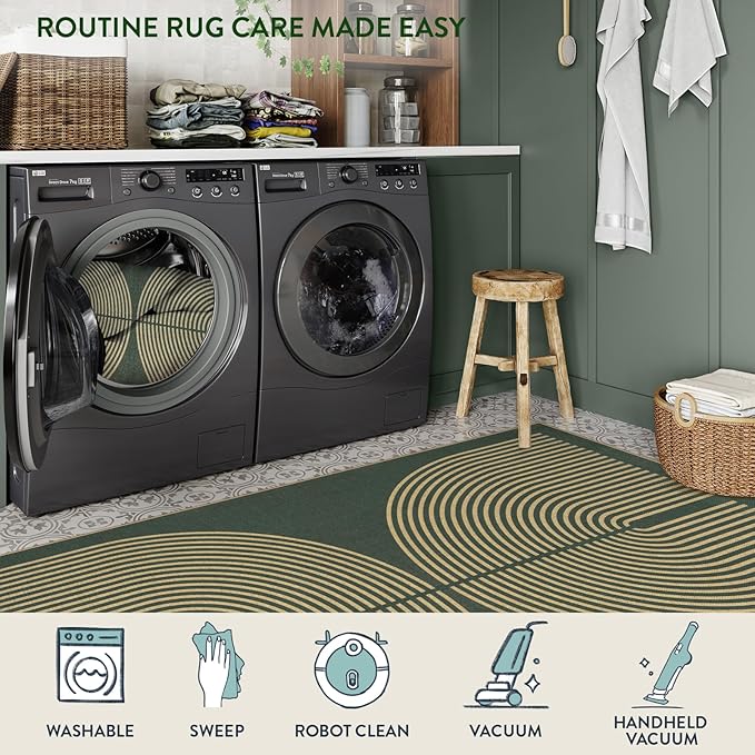 Lahome Modern Rainbow Easy Jute Kitchen Runner, 2x8 Indoor Outdoor Runner Rug for Hallway Entryway, Farmhouse Dark Green Non Slip Floor Carpet for Bedroom Foyer Laundry Room