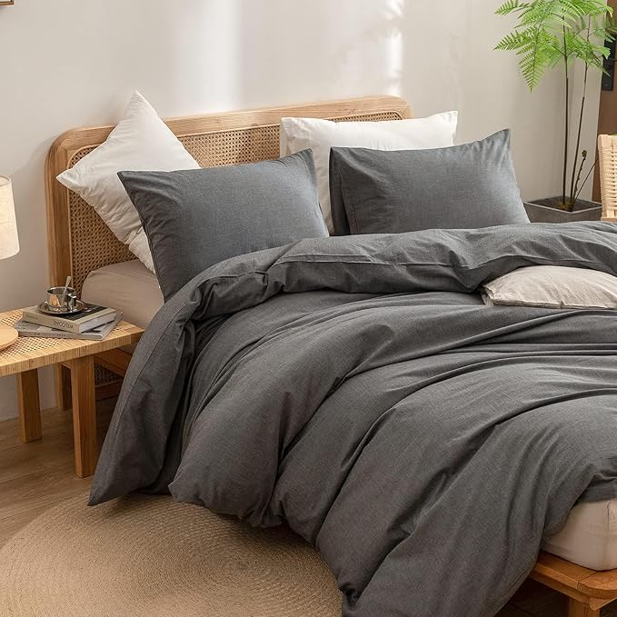 BESTOUCH Duvet Cover Set 100% Washed Cotton Linen Feel Super Soft Comfortable Chic Lightweight 3 PCs Home Bedding Set Solid Dark Grey Oversized Full