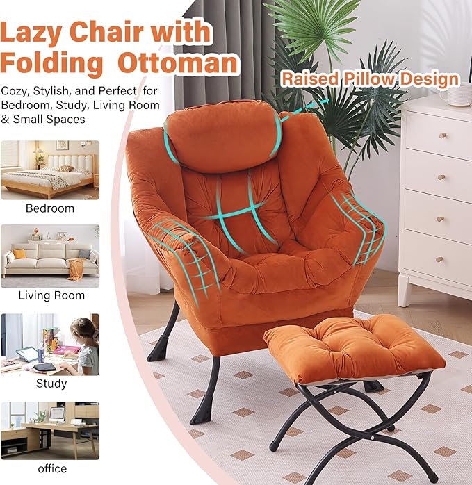 Lazy Chair with Ottoman, Modern Chair with Folding Footrest, Lounge Accent Chair, Comfortable Reading Chair, Oversized Armchairs for Bedroom, Study, Living Room, Courtyard (Velvet Orange)