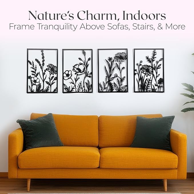 GALLERY GRACE Floral Metal Wall Art for Living Room - 4 Pieces, 16" x 11" Handmade Floral Metal Wall Decor for Bedroom, Living Room, Office - Modern, Boho, Minimalist Style