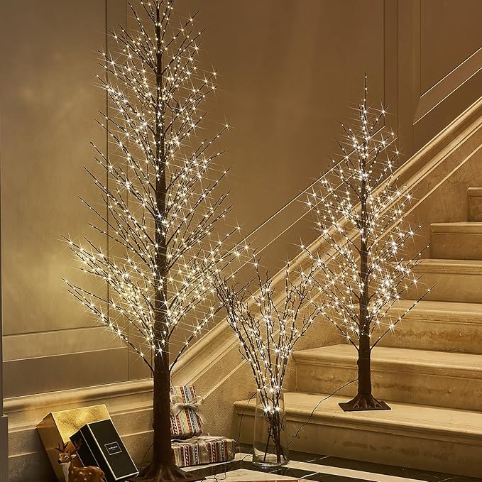 Fudios Lighted Branches Plug in 32IN 200 LED Mantle Winter Decor, Brown Twig Branch Lights for Christmas Holiday Party Indoor Outdoor