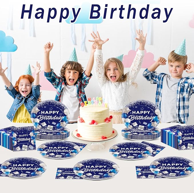 Birthday Oval Paper Plate 11inch Large Happy Birthdays Plates and Napkins, Blue and Silver Party Decoration Favor Dish Tray for Man Woman Bday Baby Shower Holiday Gathering Supplies Tableware 25 Guest