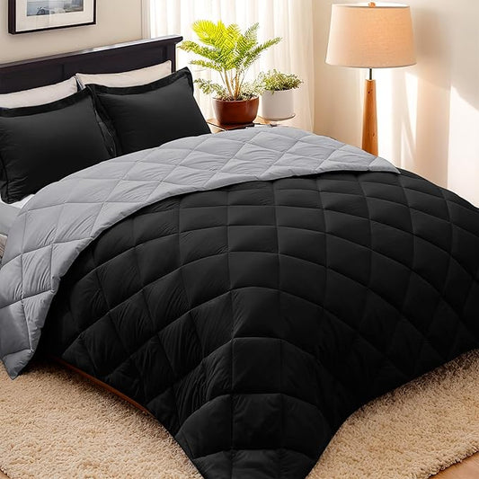 HIG 3pc Black King Size Comforter Set -All Season Reversible Down Alternative Comforter with Two Shams -Quilted Duvet Insert with Corner Tabs - Diamond Stitched Blanket - Breathable, Soft, Fluffy