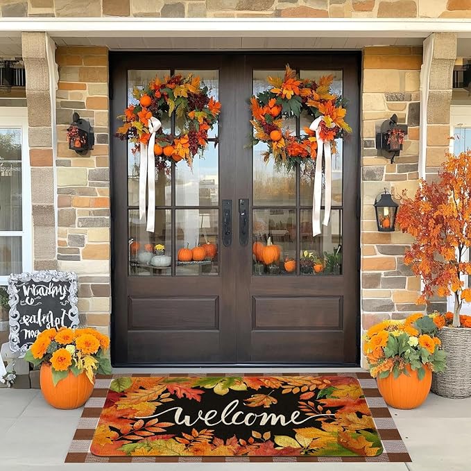 Fall Welcome Doormat 30x17 Inch Fall Leaves Front Door Mat Indoor Outdoor Entrance Floor Mats Non-Slip Washable Seasonal Autumn Thanksgiving Home Decor Rugs