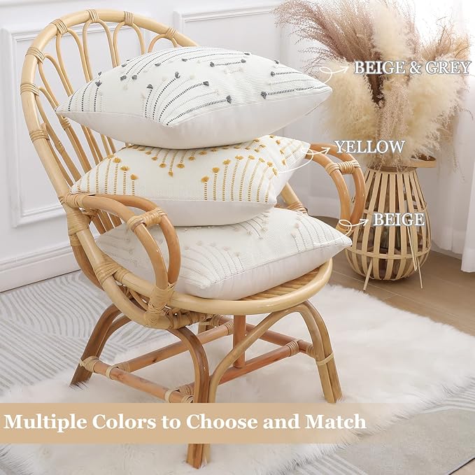 Mecatny Boho Outdoor Throw Pillow Covers 18X18 Set of 2, Farmhouse Decorative Pillow Covers for Couch Sofa Living Room, Beige & Grey