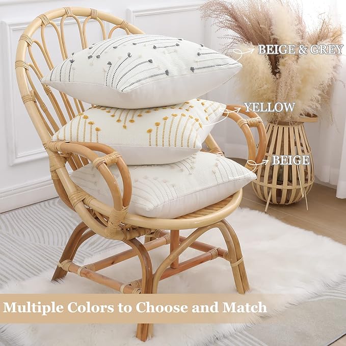 Mecatny Boho Outdoor Throw Pillow Covers 18X18 Set of 2, Farmhouse Decorative Pillow Covers for Couch Sofa Living Room, Beige & Cream White